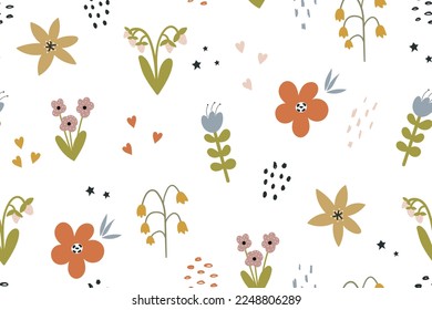 Hand drawn cute flowers. Creative baby floral print in Scandinavian style. Cartoon kids design for fabric, packaging, wallpaper, clothing. A wonderful summer bouquet. Wall art nursery