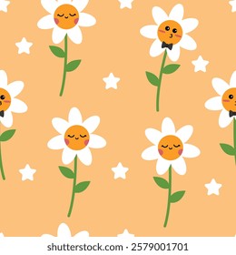 Hand drawn cute flowers funny smile in kawaii style seamless pattern. Suitable for use for wallpaper, backdrop, wrapping paper, fabrics, textile, packaging, etc