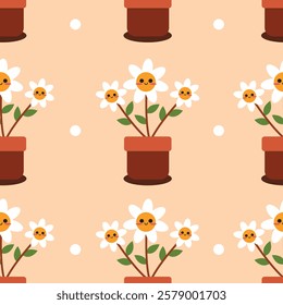 Hand drawn cute flowers funny smile in kawaii style seamless pattern. Suitable for use for wallpaper, backdrop, wrapping paper, fabrics, textile, packaging, etc