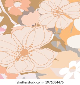 Hand drawn cute flowers and leaves  pattern background. Abstract  lovely flowers and leaves doodles for your design.