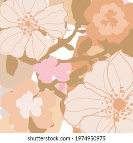 Hand drawn cute flowers and leaves  pattern background. Abstract  lovely flowers and leaves doodles for your design.