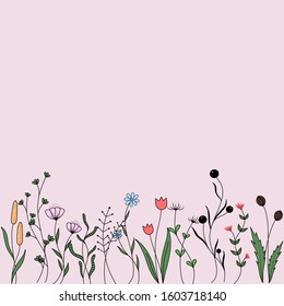 Hand drawn cute flowers on pink background with copy space, Doodle style.