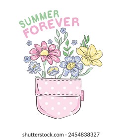 Hand drawn cute flowers in the pocket vector illustration