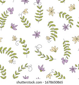 Hand drawn cute flowers seamless pattern on white background. Vector floral background. 