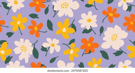 Hand drawn cute flowers, seamless patterns with floral for fabric, textiles, clothing, wall art, wallpaper, cover, banner, poster, interior decor, natural backgrounds.