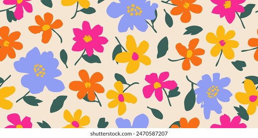 Hand drawn cute flowers, seamless patterns with floral for fabric, textiles, clothing, wall art, wallpaper, cover, banner, poster, interior decor, natural backgrounds.