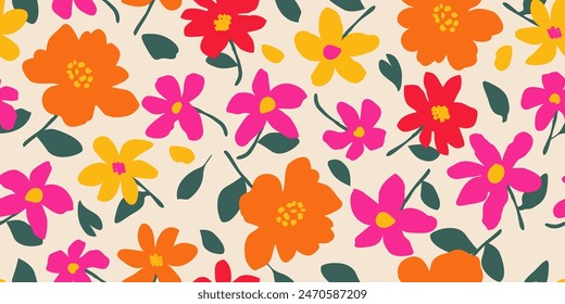 Hand drawn cute flowers, seamless patterns with floral for fabric, textiles, clothing, wall art, wallpaper, cover, banner, poster, interior decor, natural backgrounds.