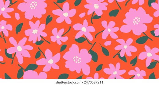 Hand drawn cute flowers, seamless patterns with floral for fabric, textiles, clothing, wall art, wallpaper, cover, banner, poster, interior decor, natural backgrounds.