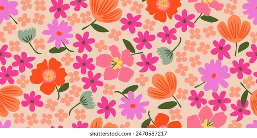 Handgezeichnete niedliche Blumen, nahtlose Muster mit Blumenmuster für Stoff, Textilien, Bekleidung, Wandkunst, Bildschirmhintergrund, Bezug, Banner, Poster, Innendekor, natürliche Hintergründe.