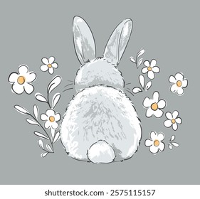 Hand Drawn Cute Fluffy Rabbit Sitting Back with flowers Illustration Vector