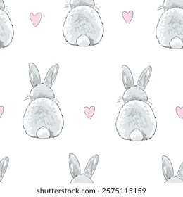 Hand Drawn Cute Fluffy Rabbit Sitting Back Seamless Pattern Vector Illustration 