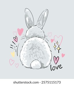 Hand Drawn Cute Fluffy Rabbit Sitting Back with Hearts and Love Illustration Vector