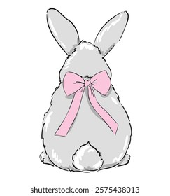 Hand Drawn Cute Fluffy Rabbit Sitting Back Illustration Vector