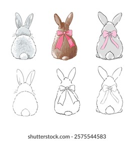 Hand Drawn Cute Fluffy Rabbit Sitting Back Illustration Vector