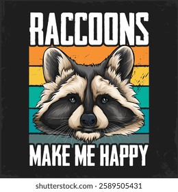 Hand drawn cute fluffy striped raccoon head on a retro grunge background for raccoon lovers club