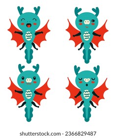 Hand drawn cute flying dragons vector clipart collection. Animal Happy New Year 2024 cartoon character set. Perfect for tee, poster, greeting card, stickers. 
