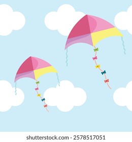 Hand drawn cute flying kites seamless pattern. Suitable for use for wallpaper, backdrop, wrapping paper, fabrics, textile, packaging, etc
