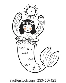 Hand drawn cute folk mermaid praising the sun, line doodle design isolated vector illustration with white background