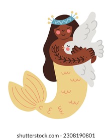 Hand drawn cute folk mermaid hugging a seagull, isolated vector illustration in flat style