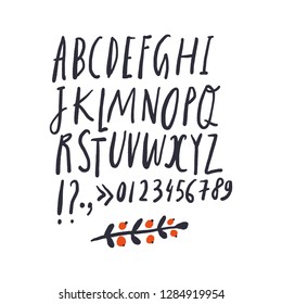 Hand drawn cute font set. ABC, alphabet. Letters and numbers. Clipart, isolated vector letters and decor elements