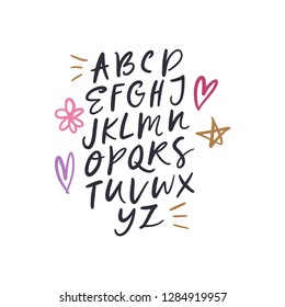 Hand drawn cute font set. ABC, alphabet. Letters calligraphy. Clipart, isolated vector letters and decor elements