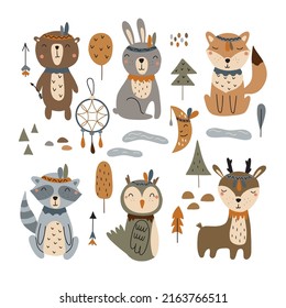 Hand drawn cute forest animals: bear, deer, rabbit, fox, owl, raccoon. Boho style vector illustration isolated on white background