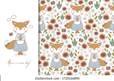 Hand drawn cute fox in apron character. Kids animal card and seamless floral pattern. Cartoon tee print illustration. Surface design