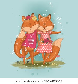 hand drawn cute fox best friends illustration for kids. Can be used for t-shirt print, kids wear fashion design, baby shower invitation card.