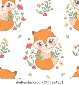 Hand drawn Cute fox and flowers seamless pattern print design beautiful forest animal for baby background textile for newborns design vector illustration 