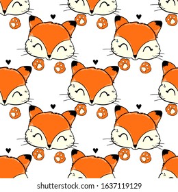 Hand Drawn Cute fox and heart Pattern, print design background, children print textile design.