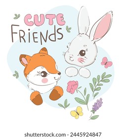 Hand Drawn Cute Fox and Little Bunny Vector Illustration, Woodland animal, Print for children's t-shirts.