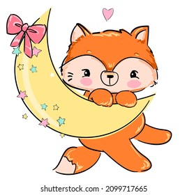 Hand Drawn Cute Fox and moon Vector Illustration, Woodland animal, Print for childrens.