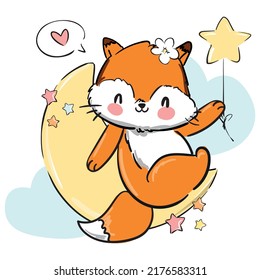 Hand Drawn Cute Fox and moon Vector Illustration, Woodland animal, Print for childrens