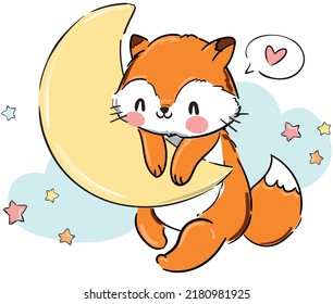 Hand drawn cute fox and moon Vector Illustration, Woodland animal, Print for baby pajamas textile