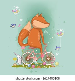 hand drawn cute fox on the bike illustration for kids. Can be used for t-shirt print, kids wear fashion design, baby shower invitation card.