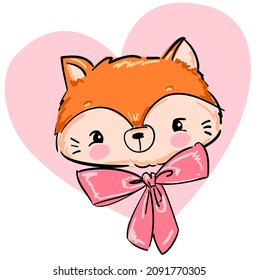 Hand Drawn Cute Fox with pink bow, Woodland animal, Print for childrens.