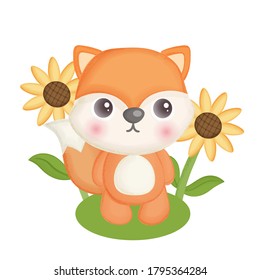 hand drawn cute fox and sunflower.