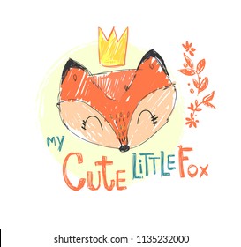 Hand Drawn Cute Fox Vector Illustration  Woodland animal  Print for children's t  shirts 