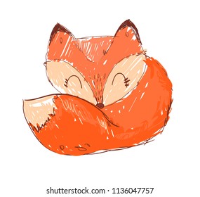 Hand Drawn Cute Fox Vector Illustration, Woodland animal, Print for children's t-shirts.