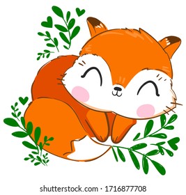 Hand Drawn Cute Fox Vector Illustration, Woodland animal, Print for children's t-shirts.