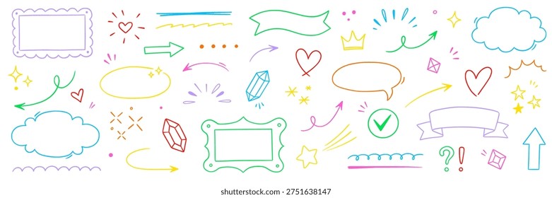 Hand drawn cute frame, arrow, star line set. Frame line hand drawn arrow doodle icon star border rectangle underline. Cute vintage heart bow lace sketch sticker label design. Vector illustration