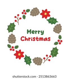 Hand drawn cute frame border background in December winter season Christmas concept. Surrounded by flowers, pine cones, leaves and berries object illustrations.