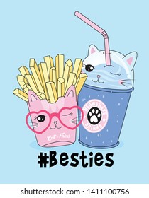 Hand drawn cute french fries and drinks illustration for t shirt printing