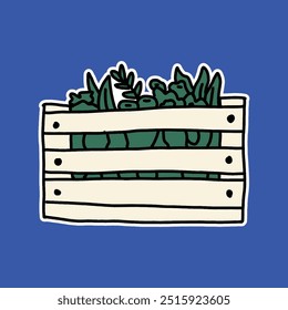 hand drawn cute fresh vegetables in a wooden box illustration