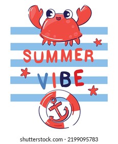 Hand drawn Cute friendly crab childrens summer print vector