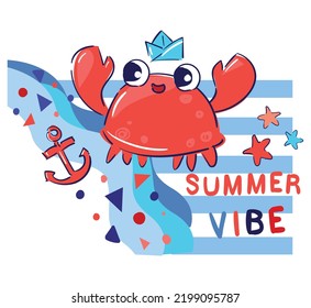 Hand drawn Cute friendly crab childrens summer print vector