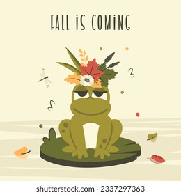 Hand drawn Cute frog with Autumn flowers. Comic toad siiting on leaf in pond, falling leaves, Floral branch, dragonfly. Clipart. Fall greeting card. Nature background. Vector cartoon illustration
