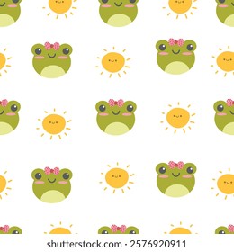 Hand drawn cute frog seamless pattern. Suitable for use for children's and baby product, backdrop, wrapping paper, and also printed on fabrics for clothes, t-shirts, blankets, textiles, etc