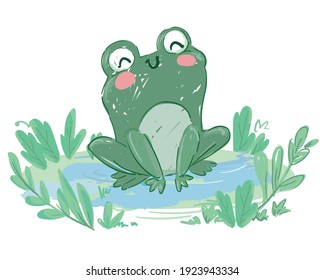 Hand drawn cute frog sitting in a swamp vector kawaii illustration for kids 