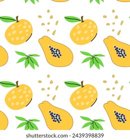 Hand drawn cute fruits pattern with papaya and orange. Vector illustration isolated. 